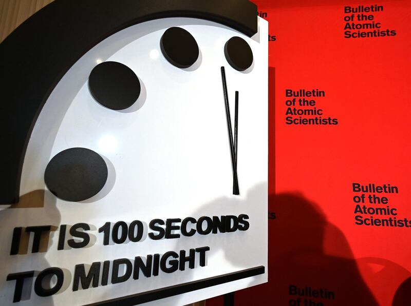 The Doomsday Clock reads 100 seconds to midnight, a decision made by The Bulletin of Atomic Scientists, during an announcement at the National Press Club in Washington, DC on January 23, 2020.  President and CEO of the non-profit group Rachel Bronson said "It is the closest to Doomsday we have ever been in the history of the Doomsday Clock." The clock was created in 1947.  / AFP / EVA HAMBACH
