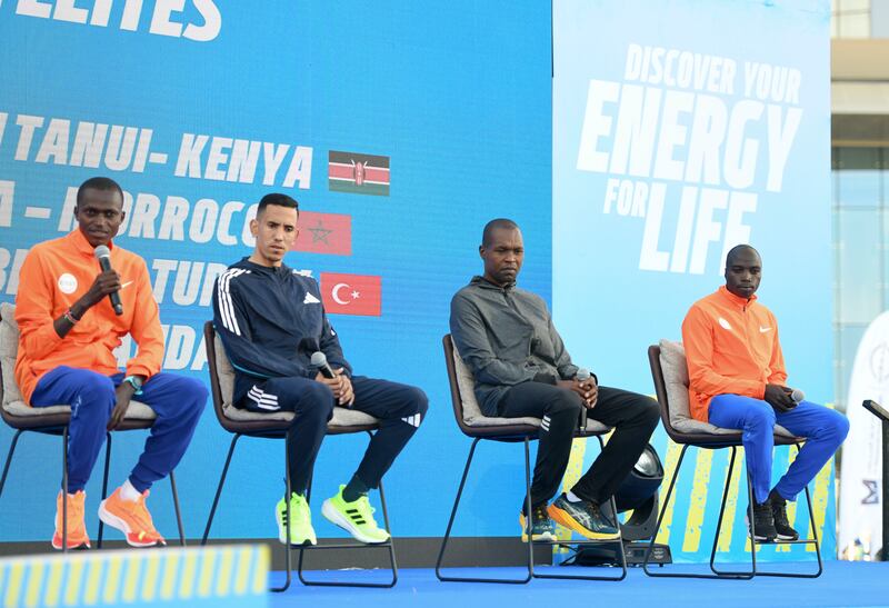 Elite male athletes during the press conference for the upcoming Abu Dhabi Marathon, Abu Dhabi.  Khushnum Bhandari / The National
