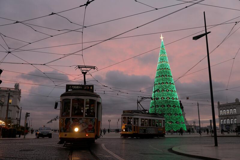 Trams pass Lisbon's Christmas tree. Rafael Marchante / Reuters