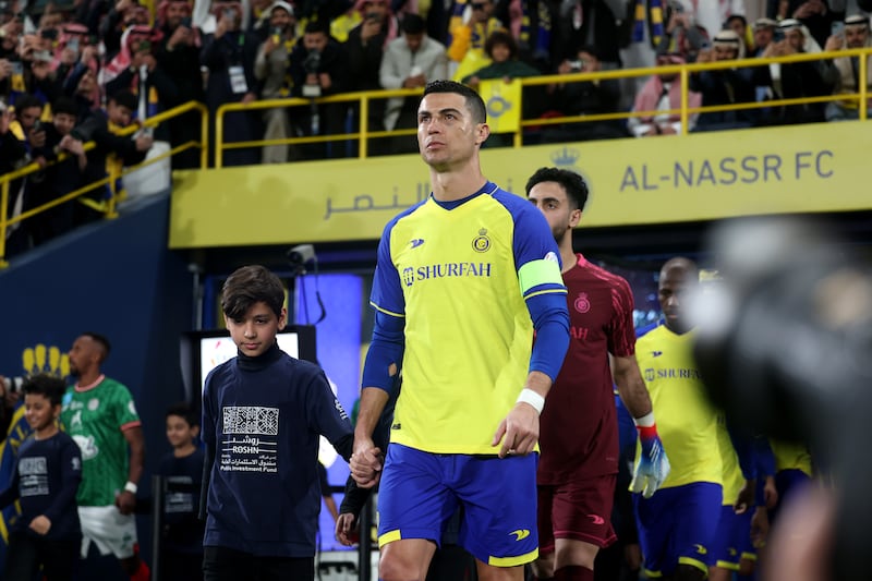 Cristiano Ronaldo of Al Nassr leads the team out for the game against Al Ittifaq. Getty 