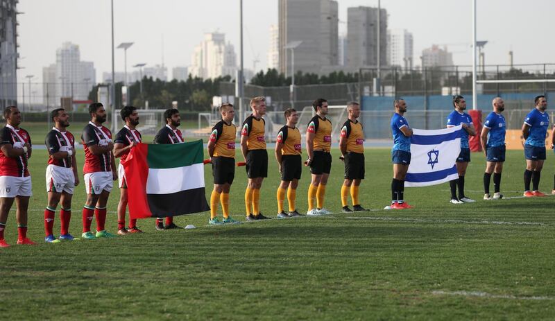 UAE and Israel players prior to their friendly match at Dubai Sports City. EPA