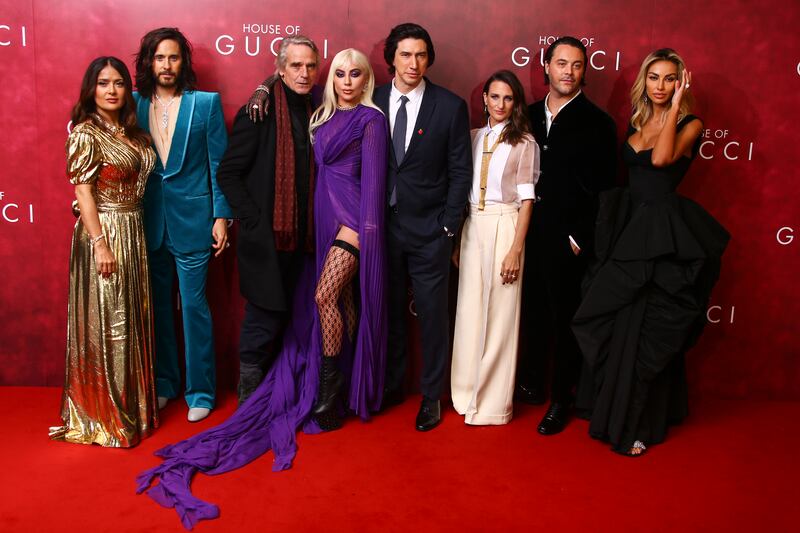 From left, Salma Hayek, Jared Leto, Jeremy Irons, Lady Gaga, Adam Driver, Camille Cottin, Jack Huston and Madalina Diana Ghenea pose for photographers upon arrival at the world premiere of the film 'House of Gucci' in London on November 9, 2021. All photos: AP, Getty Images for Metro-Goldwyn-Mayer Studios and Universal Pictures