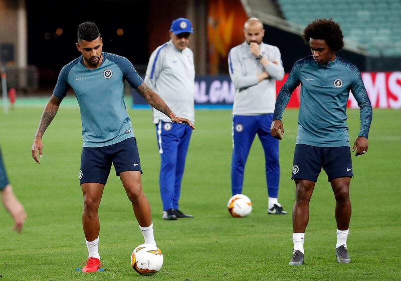 Emerson Palmieri and Willian  take part in a training session ahead of the Europa League final. EPA