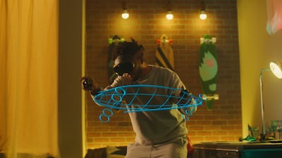 A user wearing a Meta Quest Pro interacts in mixed reality with a 3D virtual drawing of a skateboard. Reuters