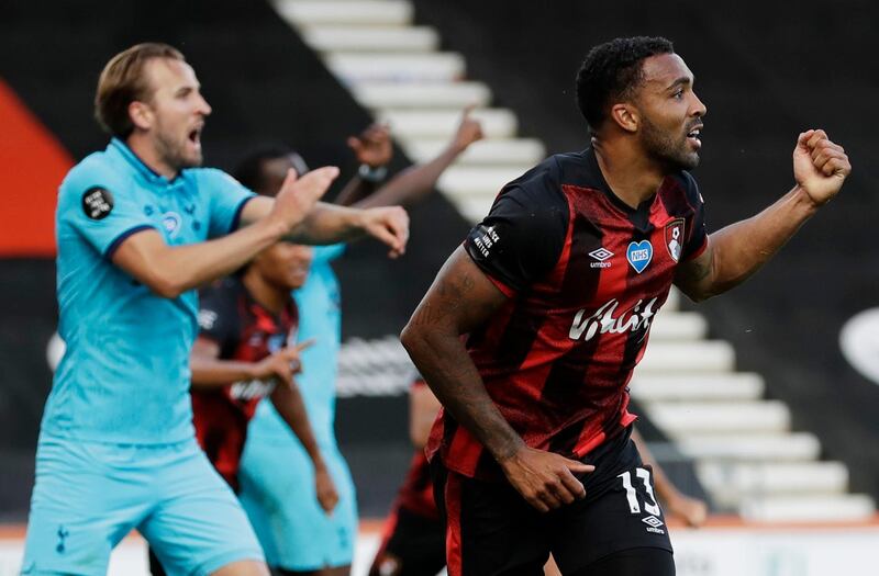 Soccer Football - Premier League - AFC Bournemouth v Tottenham Hotspur - Vitality Stadium, Bournemouth, Britain - July 9, 2020 Bournemouth's Callum Wilson celebrates scoring a goal that is later disallowed after a VAR review, as play resumes behind closed doors following the outbreak of the coronavirus disease (COVID-19)  Matt Dunham/Pool via REUTERS  EDITORIAL USE ONLY. No use with unauthorized audio, video, data, fixture lists, club/league logos or "live" services. Online in-match use limited to 75 images, no video emulation. No use in betting, games or single club/league/player publications.  Please contact your account representative for further details.