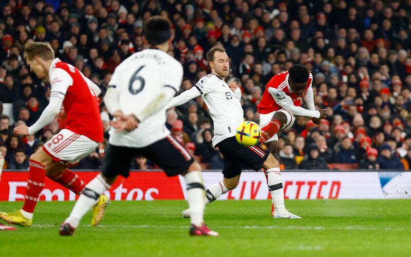 Bukayo Saka scores Arsenal's second goal. Action Images