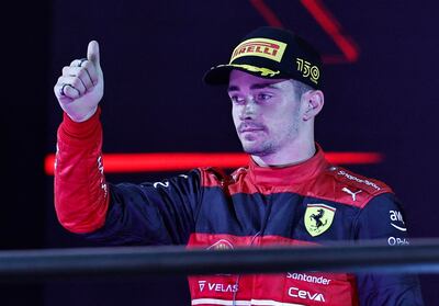 Ferrari's Charles Leclerc on the podium after his second place. Reuters