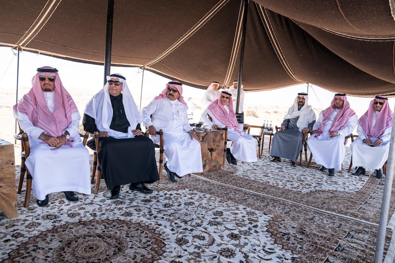 AL AIN, ABU DHABI, UNITED ARAB EMIRATES - January 13, 2018: Guests accompanying HRH Prince Abdulaziz bin Saud bin Nayef bin Abdulaziz, Minister of Interior of Saudi Arabia (not shown), attend a reception in Alain.
( Hamad Al Kaabi / Crown Prince Court - Abu Dhabi )
—
