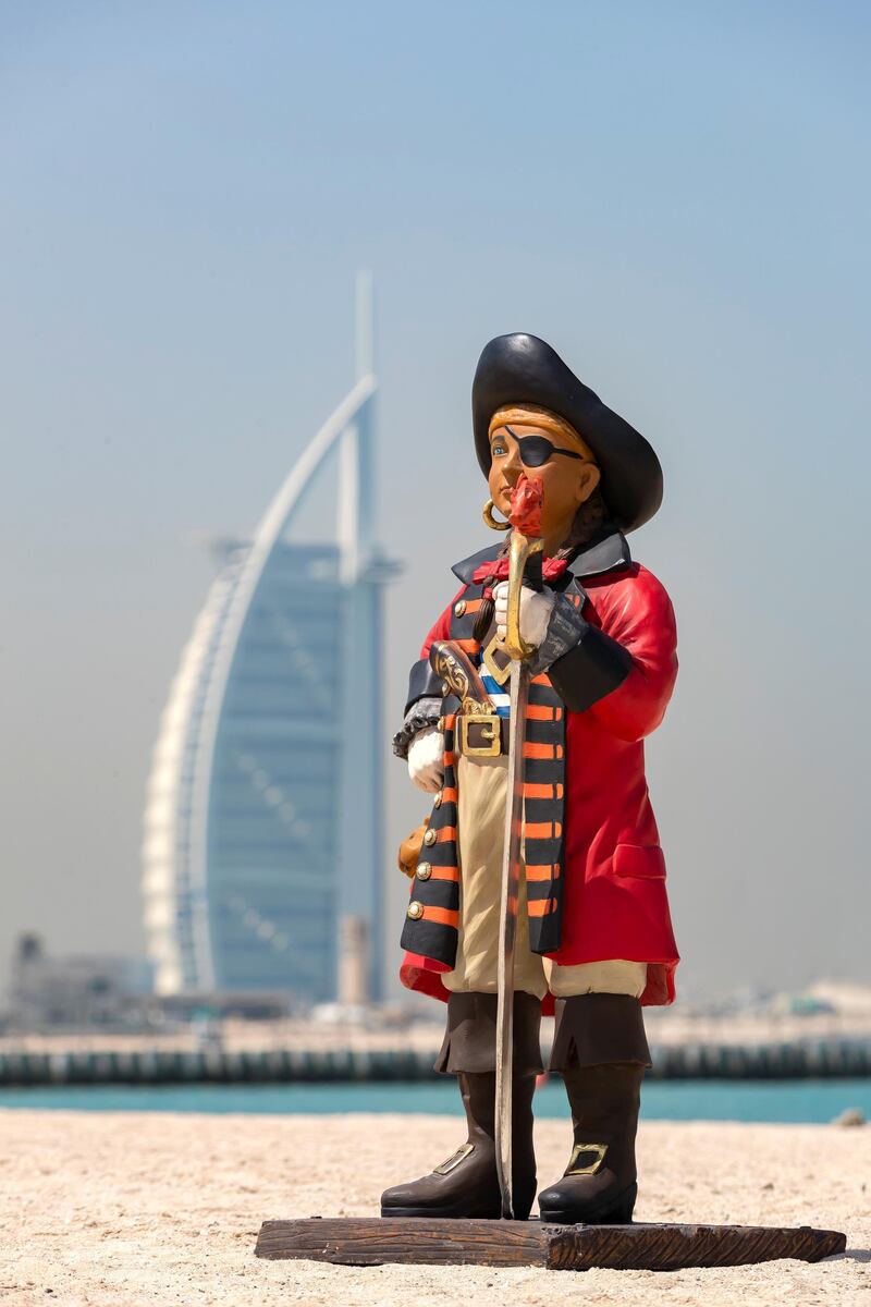 Dubai, United Arab Emirates - April 18, 2019: Photo project. A pirate on Kite Beach in front of the Burj Al Arab. The Propshop has the largest inventory of quality event props in the UAE, individually hand cast and hand painted. 2019. Dubai. Chris Whiteoak / The National
