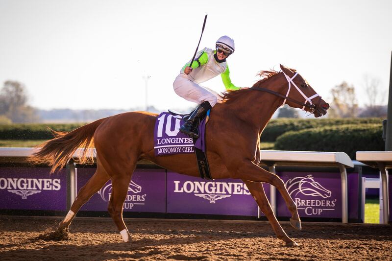 Monomoy Girl with Florent Geroux wins the Longines Breeder's Cup Distaff race. USA Today