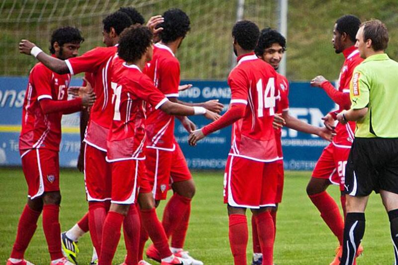 UAE team celebrates after a goal during a friendly match against the New Zealand Olympic team in Matrei-in-Osttirol, Austria ahead of the Olympic Games in London, United Kingdom. (Nikola Milatovic for The National)
