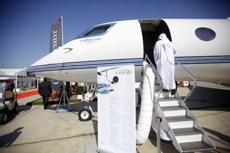 Above, a Gulfstream aircraft on display at the Abu Dhabi Air Expo. Gulfstream has already enjoyed significant growth in the Middle East in the past five years and is expecting more. Sammy Dallal / The National
