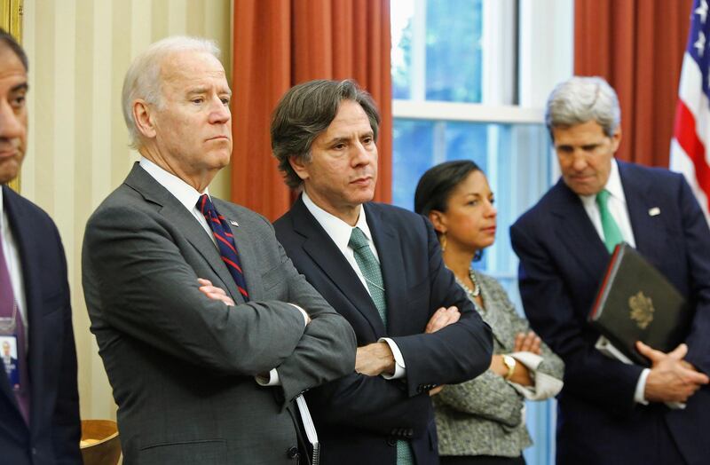 FILE PHOTO: (L-R) U.S. Vice President Joe Biden, Deputy National Security Advisor Tony Blinken, National Security Advisor Susan Rice and Secretary of State John Kerry listen as President Barack Obama and Iraqi Prime Minister Nuri al-Maliki address reporters in the Oval Office at the White House in Washington, November 1, 2013.    REUTERS/Jonathan Ernst/File Photo