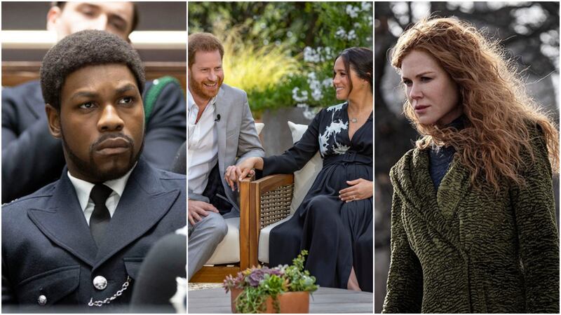 John Boyega, left, and Nicole Kidman, right, were both snubbed from the Emmy Award nominations, while the Duke and Duchess of Sussex's Oprah Winfrey interview, centre, got a nod. Amazon Prime, CBS, HBO