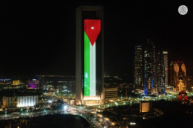 Abu Dhabi lights up its iconic landmarks with the colours of the Jordanian flag in celebration of the 75th anniversary of the Hashemite Kingdom of Jordan’s Independence. Abu Dhabi media office 