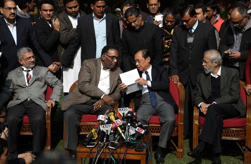 Indian Supreme Court judges, left to right, Justice Kurian Joseph, Justice Jasti Chelameswar, Justice Ranjan Gogoi and Justice Madan Bhimrao Lokur, address media in New Delhi, India, Friday, Jan. 12, 2018. Four Indian Supreme Court judges have complained openly about the functioning of the country's top court, including the role of the chief justice. (AP Photo)
