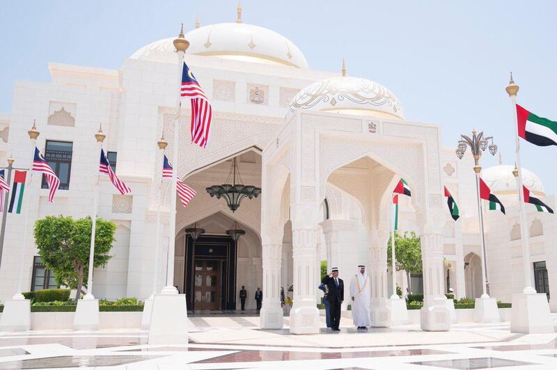 Sheikh Mohamed bin Zayed, Crown Prince of Abu Dhabi and Deputy Supreme Commander of the Armed Forces, receives the King of Malaysia, Sultan Abdullah Sultan Ahmad Shah, at an official reception ceremony at Al Watan Palace. Courtesy Sheikh Mohamed bin Zayed Twitter