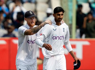 England captain Ben stokes congratulates Shoaib Bash after the youing spinner took the wicket of India's Mukesh Kumar in the second Test. Reuters