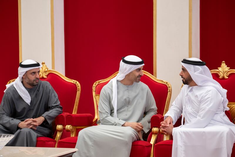 Sheikh Saif, Sheikh Hamdan bin Mohamed and Sheikh Mohammed bin Hamad, Adviser for Special Affairs at the Presidential Court, attend a meeting with King Hamad at Sakhir Airbase. Hamad Al Kaabi / UAE Presidential Court 
