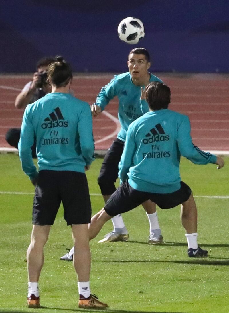 Real Madrid players train ahead of their Fifa Club World Cup semi-final against Al Jazira at New York University Abu Dhabi ground. Karim Sahib / AFP