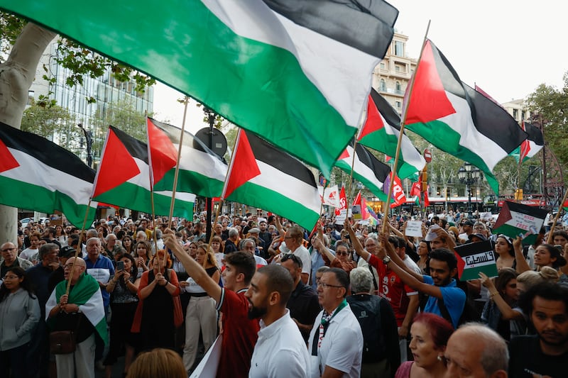 Supporters wave flags at a pro-Palestinian protest in Barcelona, Spain. Reuters
