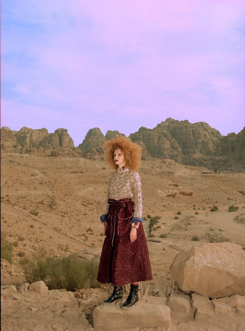 IN THE PINK. Photography | Mazen abusrour
fashion direction | sarah maisey

stepping stones
Top, Dh2,166; skirt, Dh2,023, both 
from Taller Marmo. Shirt (worn underneath), Dh880, Aigner. Boots, Dh6,600, Christian Dior