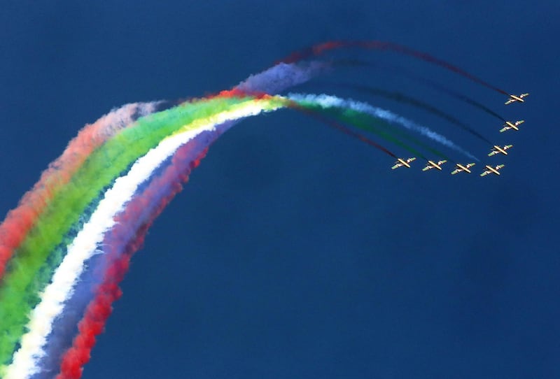 Al-Fursan, the UAE Air Force display team, paints the sky with MB339 aircrafts during the Kuwait aviation show in Kuwait City. AFP