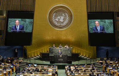 Sergey Lavrov, minister for foreign affairs of Russia, speaks to the UN General Assembly in New York. AFP