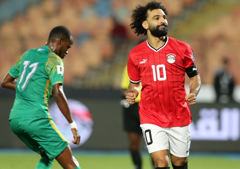 Mohamed Salah celebrates after scoring for Egypt against Djibouti. EPA