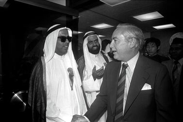 Saif Al Ghurair (left) with Michael Sandberg, chairman of HSBC, during the opening reception of the Bank of Oman's representative office in Hong Kong on September 20, 1978. Getty