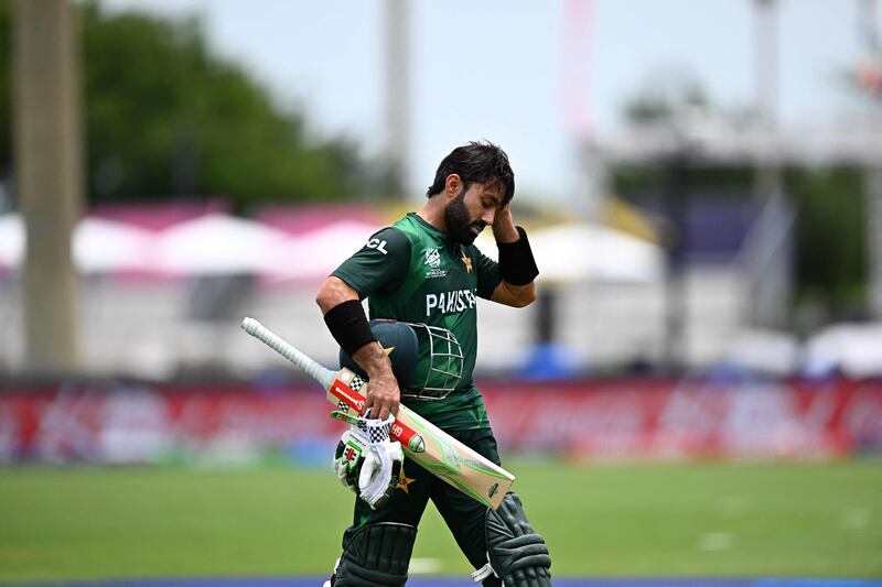 Pakistan's wicketkeeper Mohammad Rizwan walks out after being dismissed for 17 by Ireland's Barry McCarthy. AFP