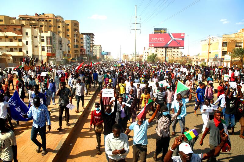 Thousands of people marched during a demonstration called by the Alliance of Forces for Freedom and Change, the Central Council Group to support the government of Abdullah Hamdok, while the army and police forces closed the roads leading to government headquarters and main markets.   EPA