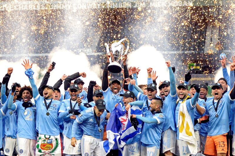 New York City celebrate beating the Portland Timbers in the 2021 MLS Cup championship game at Providence Park.  USA TODAY