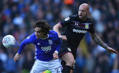 BIRMINGHAM, ENGLAND - OCTOBER 29:  Jota of Birmingham battles with Alan Hutton of Aston Villa  during the Sky Bet Championship match between Birmingham City and Aston Villa at St Andrews on October 29, 2017 in Birmingham, England.  (Photo by Gareth Copley/Getty Images)