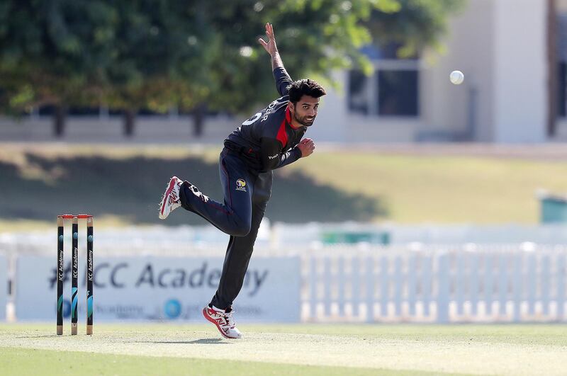 DUBAI , UNITED ARAB EMIRATES , JAN 11 – 2018 :- Qadeer Ahmed of UAE bowling during the one day international cricket match between UAE vs Ireland held at ICC Academy in Dubai Sports City in Dubai.  (Pawan Singh / The National) For Sports. Story by Paul Radley