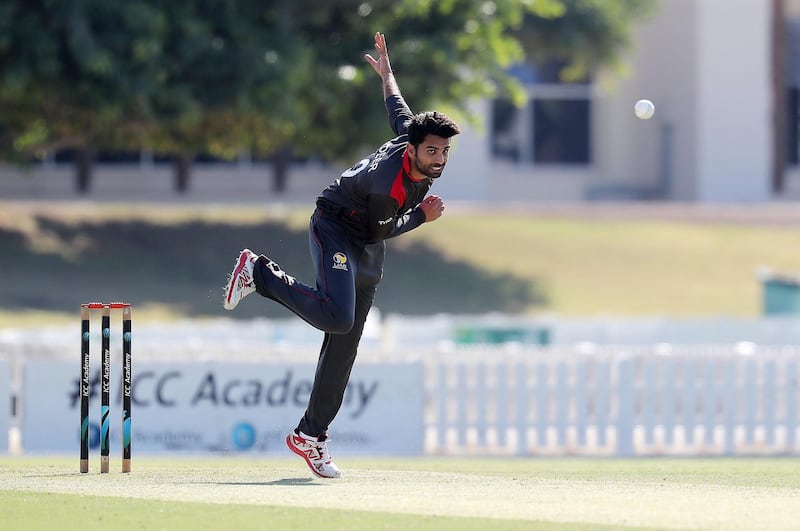 DUBAI , UNITED ARAB EMIRATES , JAN 11 – 2018 :- Qadeer Ahmed of UAE bowling during the one day international cricket match between UAE vs Ireland held at ICC Academy in Dubai Sports City in Dubai.  (Pawan Singh / The National) For Sports. Story by Paul Radley