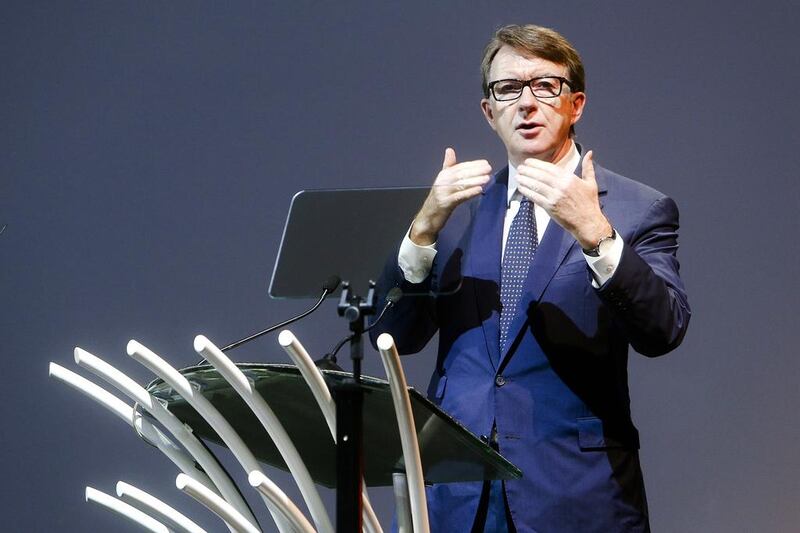 The former UK trade and industry secretary Peter Mandelson delivers one of the keynote speeches at the opening session of the Abu Dhabi Entrepreneurship Forum. Lee Hoagland / The National