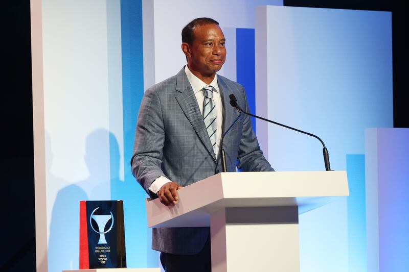 Tiger Woods speaks during the 2022 World Golf Hall of Fame Induction. Getty Images