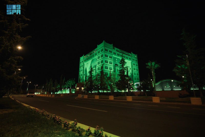 Al Baha is adorned with the national flags and pictures of the leadership and lit up green to celebrate the 91st National Day of the Kingdom.