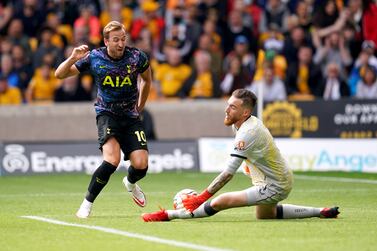 Tottenham Hotspur's Harry Kane has a shot saved by Wolverhampton Wanderers goalkeeper Jose Sa during the Premier League match at the Molineux Stadium, Wolverhampton. Picture date: Sunday August 22, 2021.