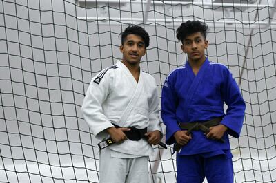 Abu Dhabi, United Arab Emirates - Brothers, left, Faisal Al Naqbi, 18, and right, Zayed Al Naqbi, 14 for Judo, Zayed Ramadan Games Tournament at Armed Forces Officers Club. Khushnum Bhandari for The National