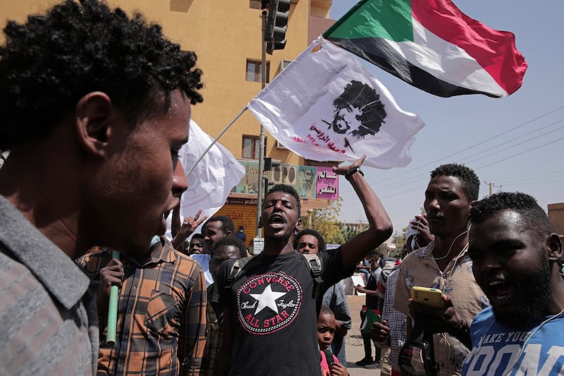 Sudanese protesters rally against the October 2021 military coup which has led to deaths and scores of arrests of demonstrators, in Khartoum, Sudan, Monday, February  28, 2022.  Since the coup, more than 80 people, mostly young men, have been killed and over 2,600 others injured in the protests, according to a Sudanese medical group. AP Photo 