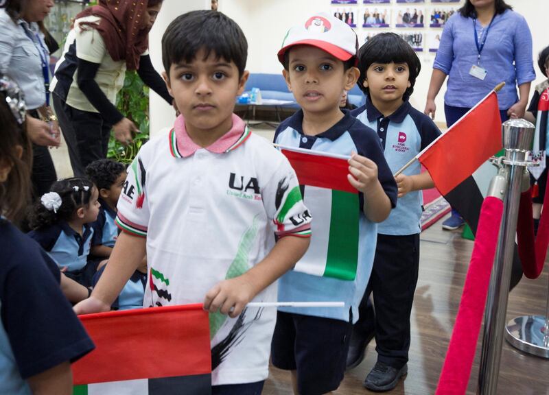 DUBAI, UNITED ARAB EMIRATES - Students from Gems Royal Dubai School speaking at UAE flag day.  Leslie Pableo for The National fro Anam Rizvi���s story