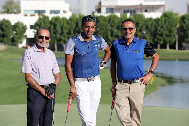 Habib Yusufali, left, Shaneabbas Yusufali, centre, and Muzzafar Yusufali, right, at the Emirates Golf Club in Dubai. All photos Pawan Singh / The National