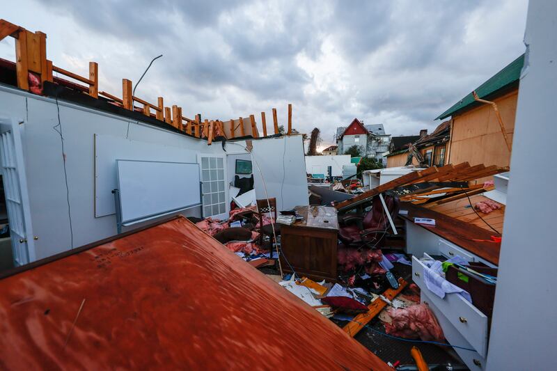 Debris surrounds a local business after a tornado tore through Selma city centre, in Alabama, on Thursday evening. AP