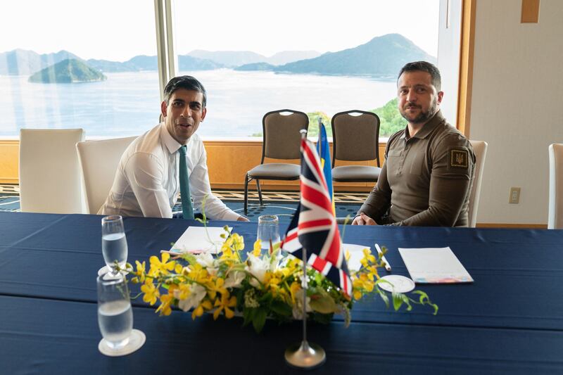British Prime Minister Rishi Sunak, left, and Ukraine's President Volodymyr Zelenskyy at the G7 Summit in Hiroshima. AFP