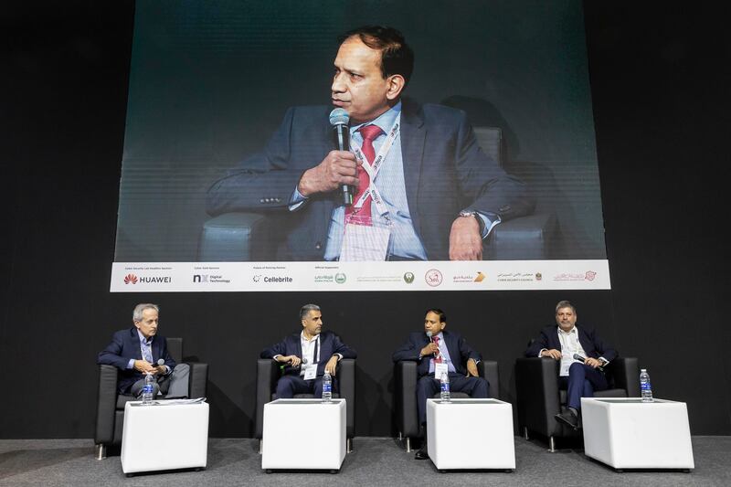 From left, Jeff Lanza, Bruno Fonseca, Somnath Sarkar and Ronen Kotlovsky speak at a panel discussion on the GCC ransomware situation during Intersec 2022 at the Dubai World Trade Centre. Antonie Robertson / The National