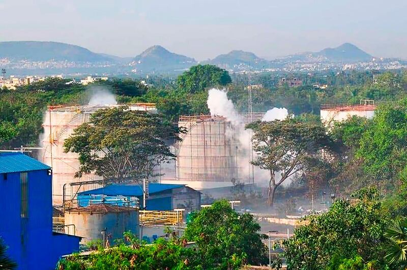 Smoke rises from the LG Polymers plant following a gas leak in Visakhapatnam. AFP