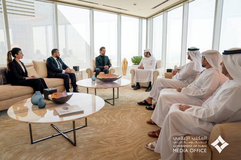 Sheikh Maktoum bin Mohammed, Deputy Ruler of Dubai, meets Jack Dorsey, chief executive of Twitter, in Dubai on Monday. Courtesy Dubai Media Office