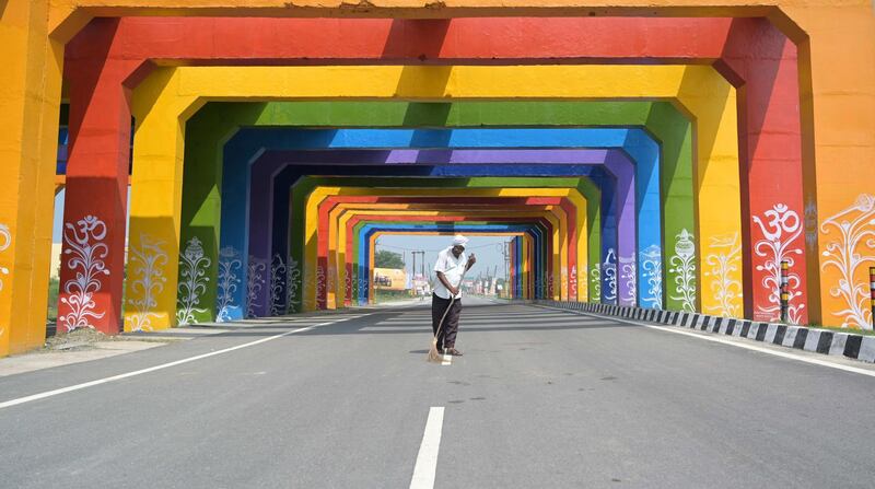 A decorated and colourful underpass reads in Hindi welcome to Ayodhya city, Uttar Pradesh, India. EPA